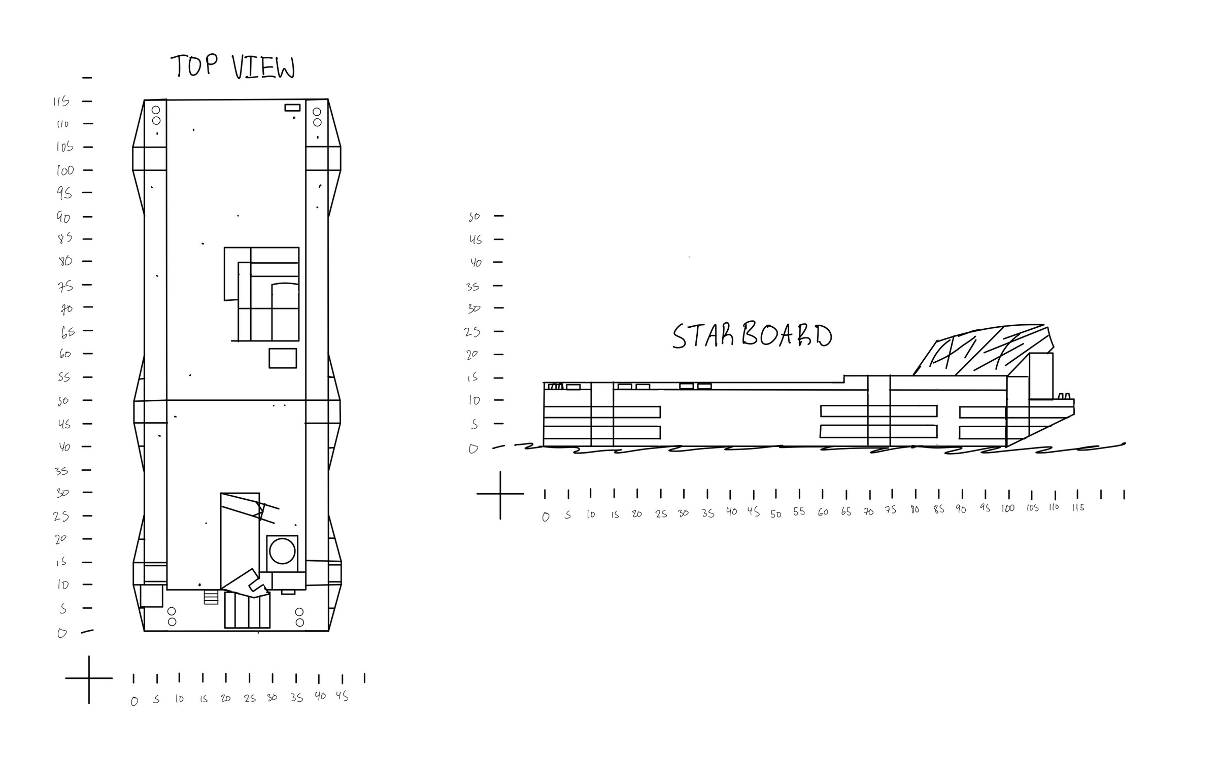 Hand-drawn survey schematic of Barge 135, showing a scaled top view and starboard elevation