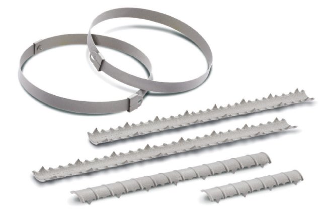 The ImplanTec CCG bands and stabiliser, showing the flat titanium band and spiked stabiliser strips.