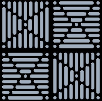 Expanded view of the surface microtexture pattern, rotated 90 degrees between quadrants, shown on a black background.