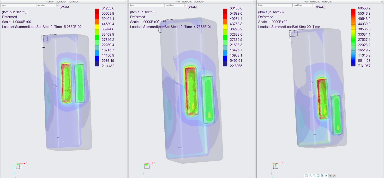 Three frames of Creo Simulate results showing Von Mises stress distribution as the microtextured plate (left) and polished plate (right) slide across a bone surface.