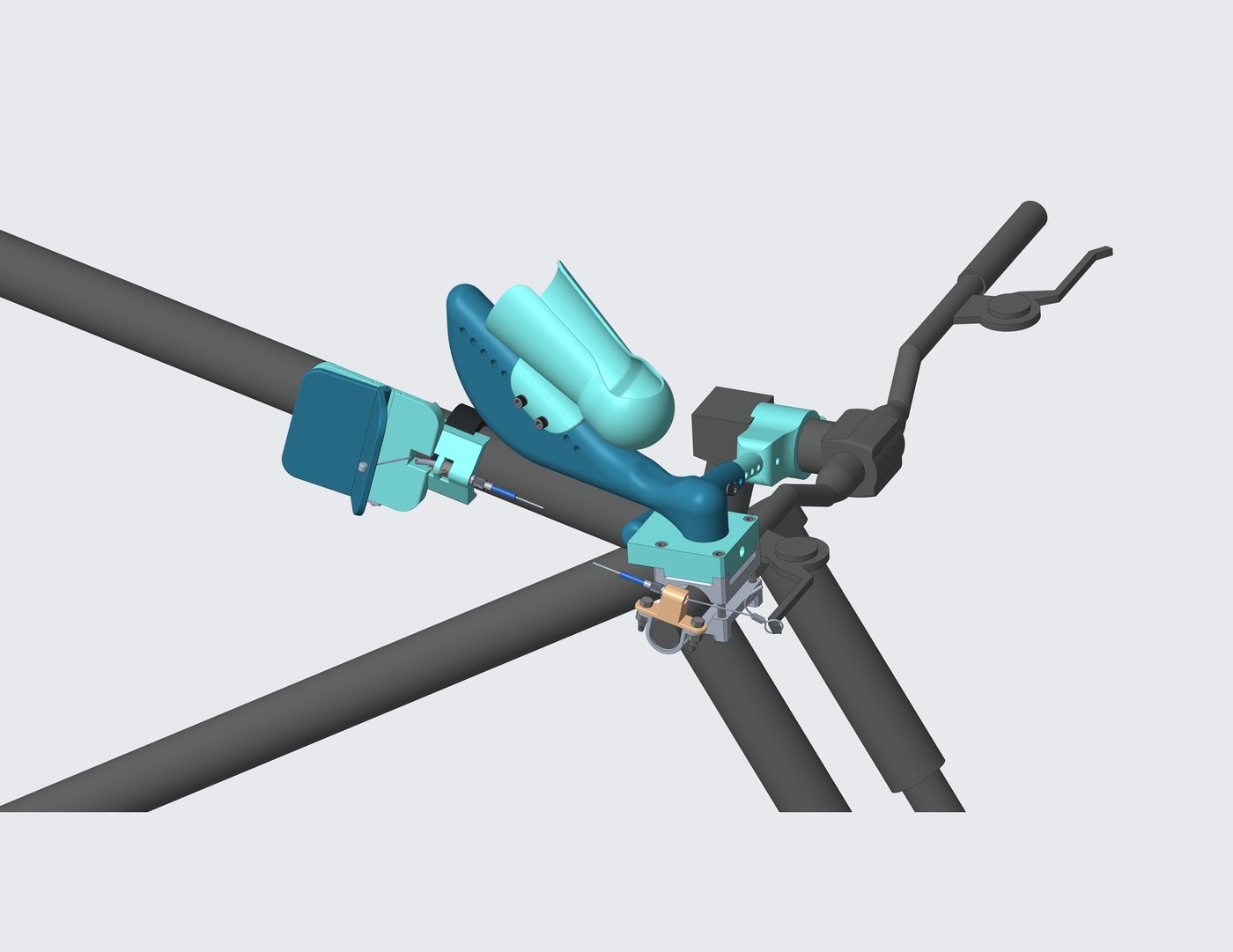 Final CAD assembly of the Cyclodapt knee-brake system mounted on drop handlebars, showing the cuff, molded scaffolding, and knee lever mechanism.