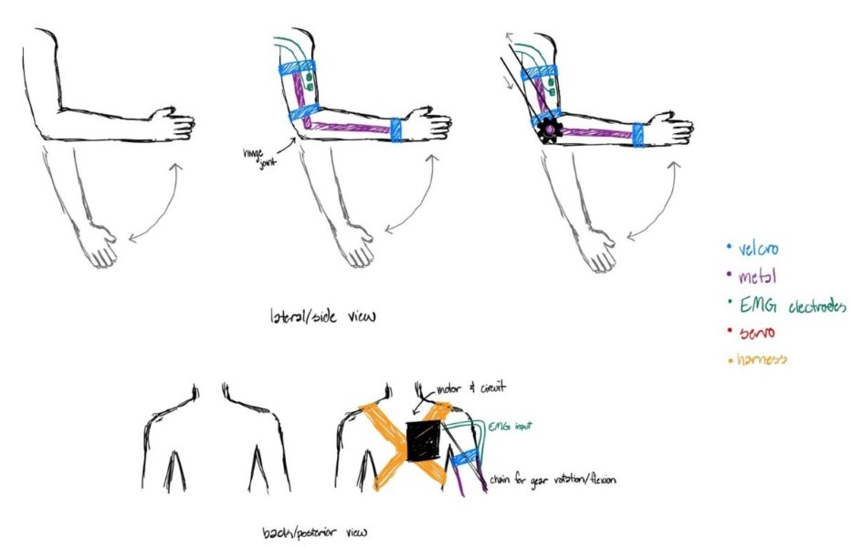 Hand-drawn concept sketches of the elbow brace, showing lateral and posterior views with velcro, metal, EMG electrode, servo, and harness components labeled.