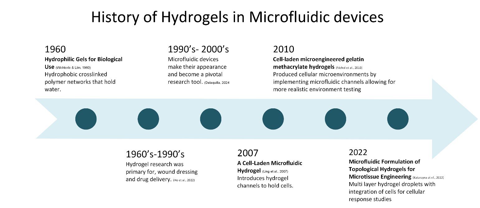 Timeline infographic showing the history of hydrogels in microfluidic devices from 1960 hydrophilic gels through 2022 multi-layer hydrogel droplets.