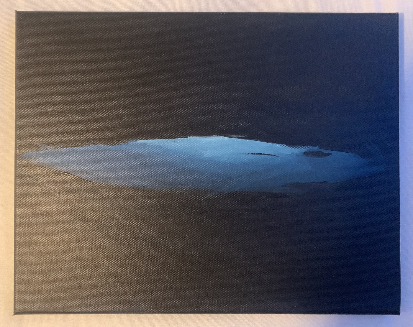 Abstract acrylic painting, a pale blue horizon line breaking across a dark navy canvas