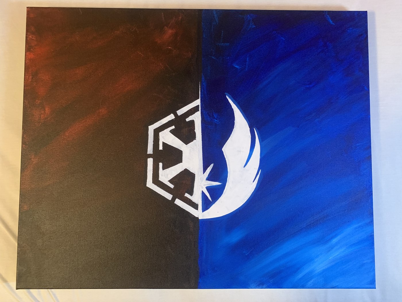 Acrylic painting of two opposing white emblems on a split red and blue background