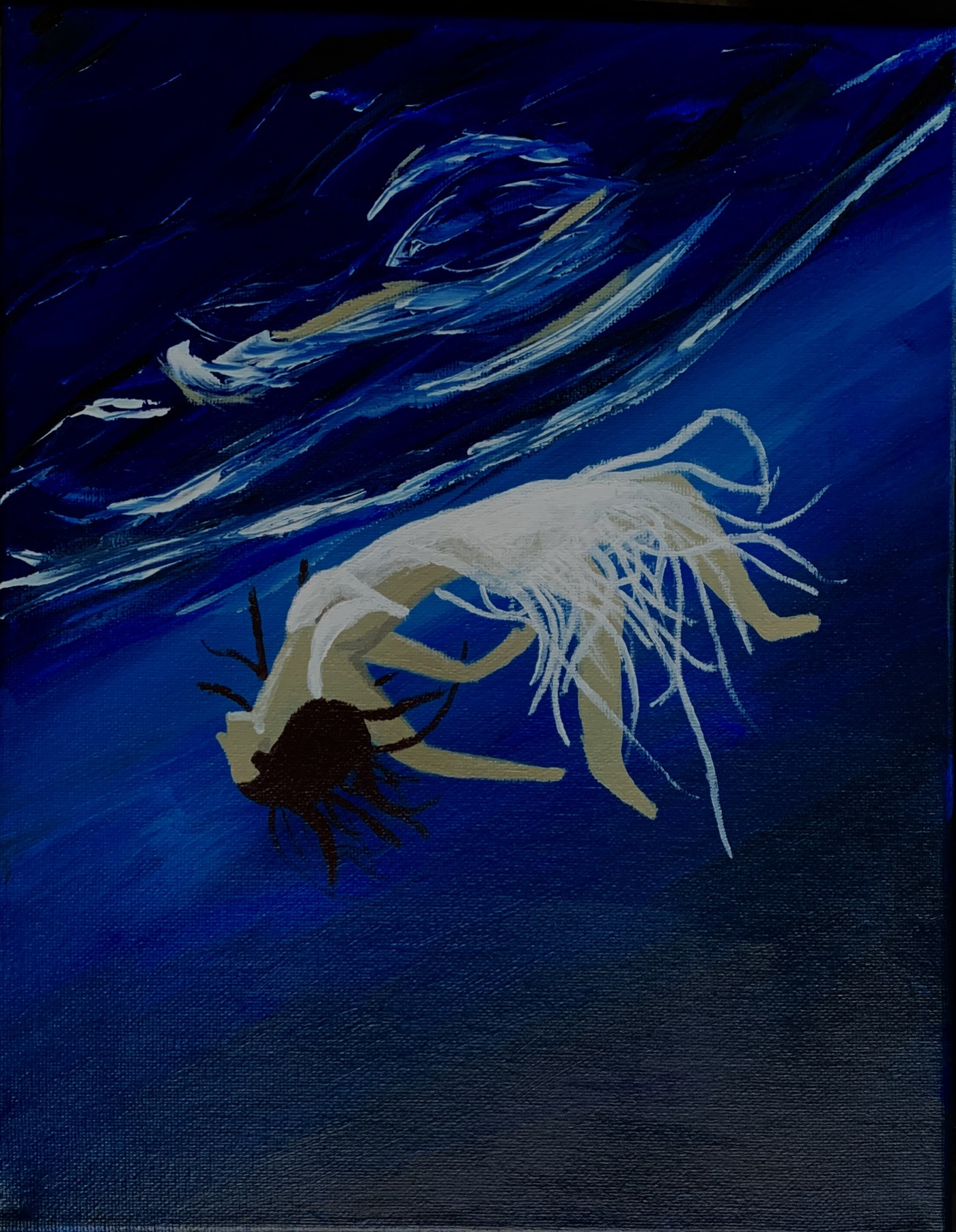 Abstract acrylic painting of a pale figure descending through deep blue water