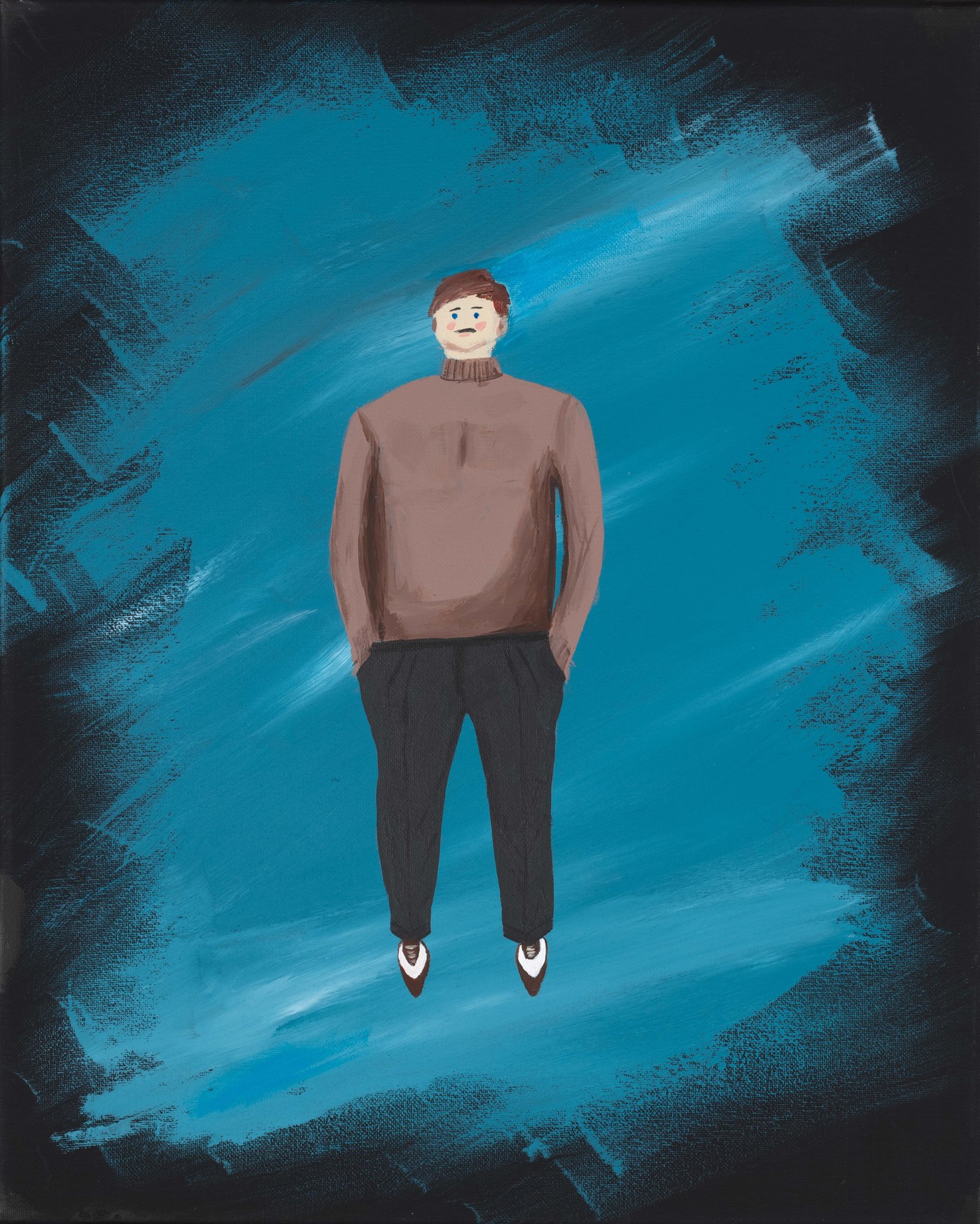 Acrylic painting of a man in a brown turtleneck sweater against a teal background