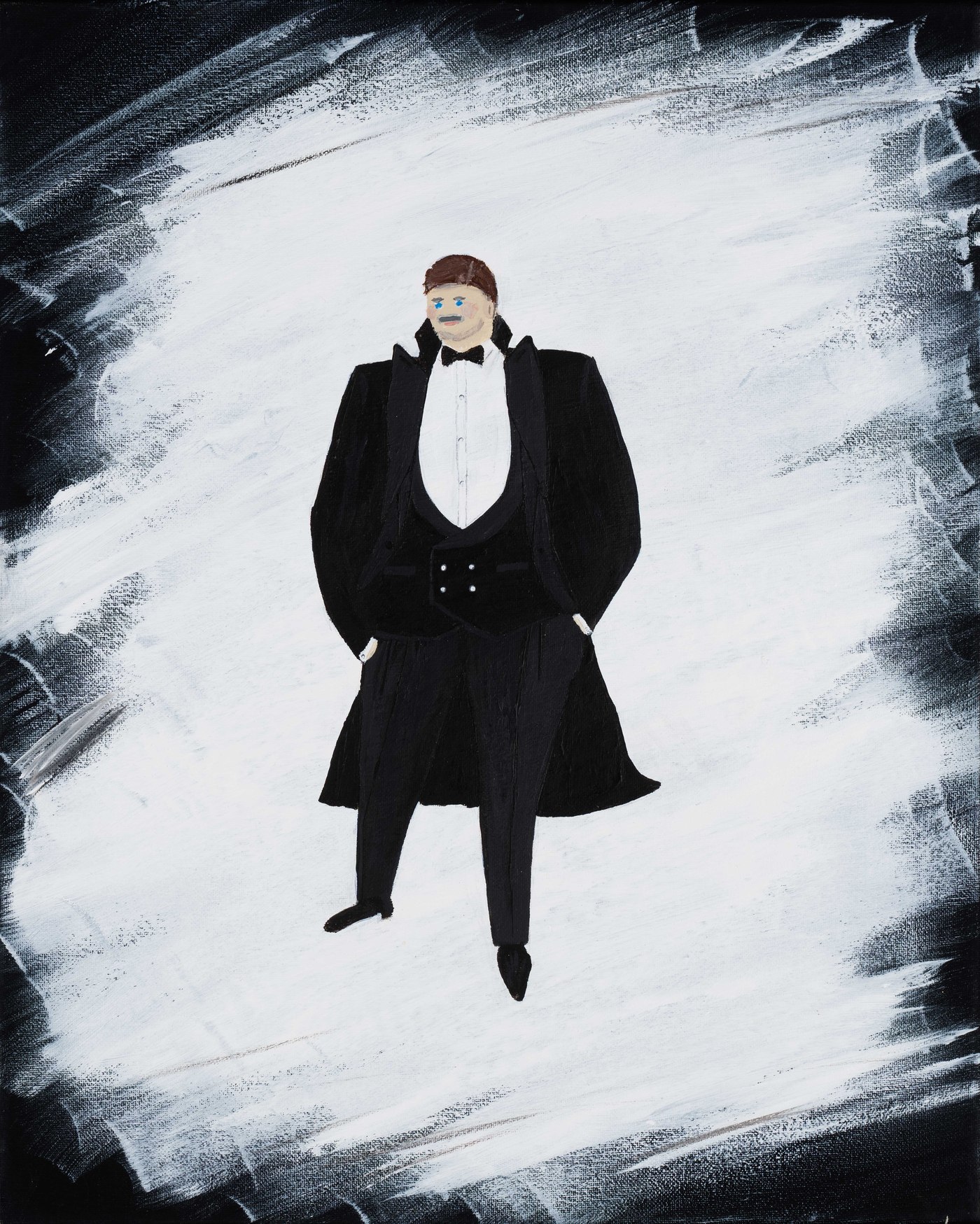 Acrylic painting of a man in a black tuxedo against a white and black background