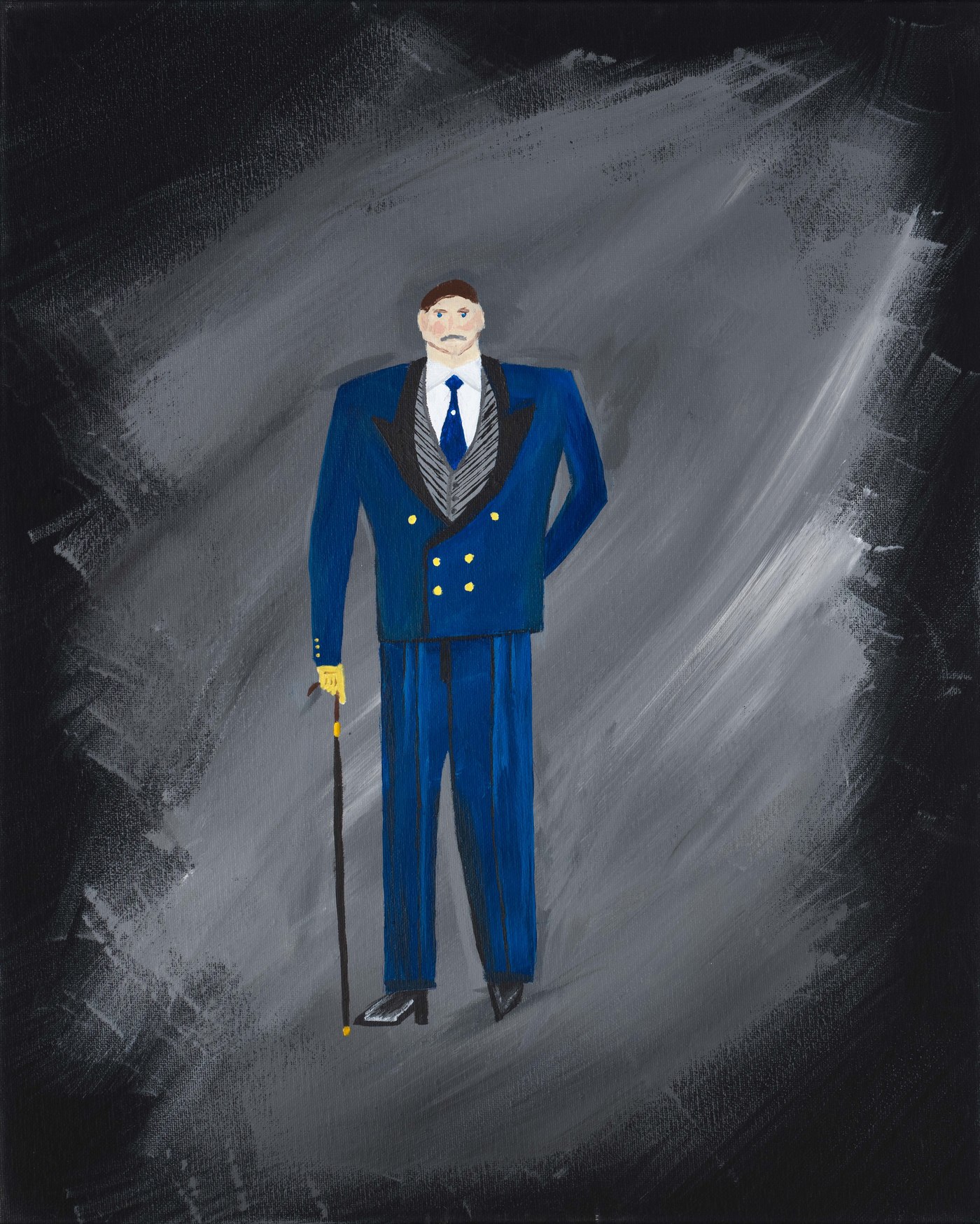 Acrylic painting of a man in a blue tailcoat suit holding a cane against a gray background
