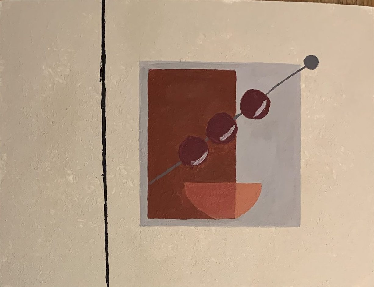 Painted study of a rocks glass with three cherries on a pick and an orange slice, beside a black vertical line