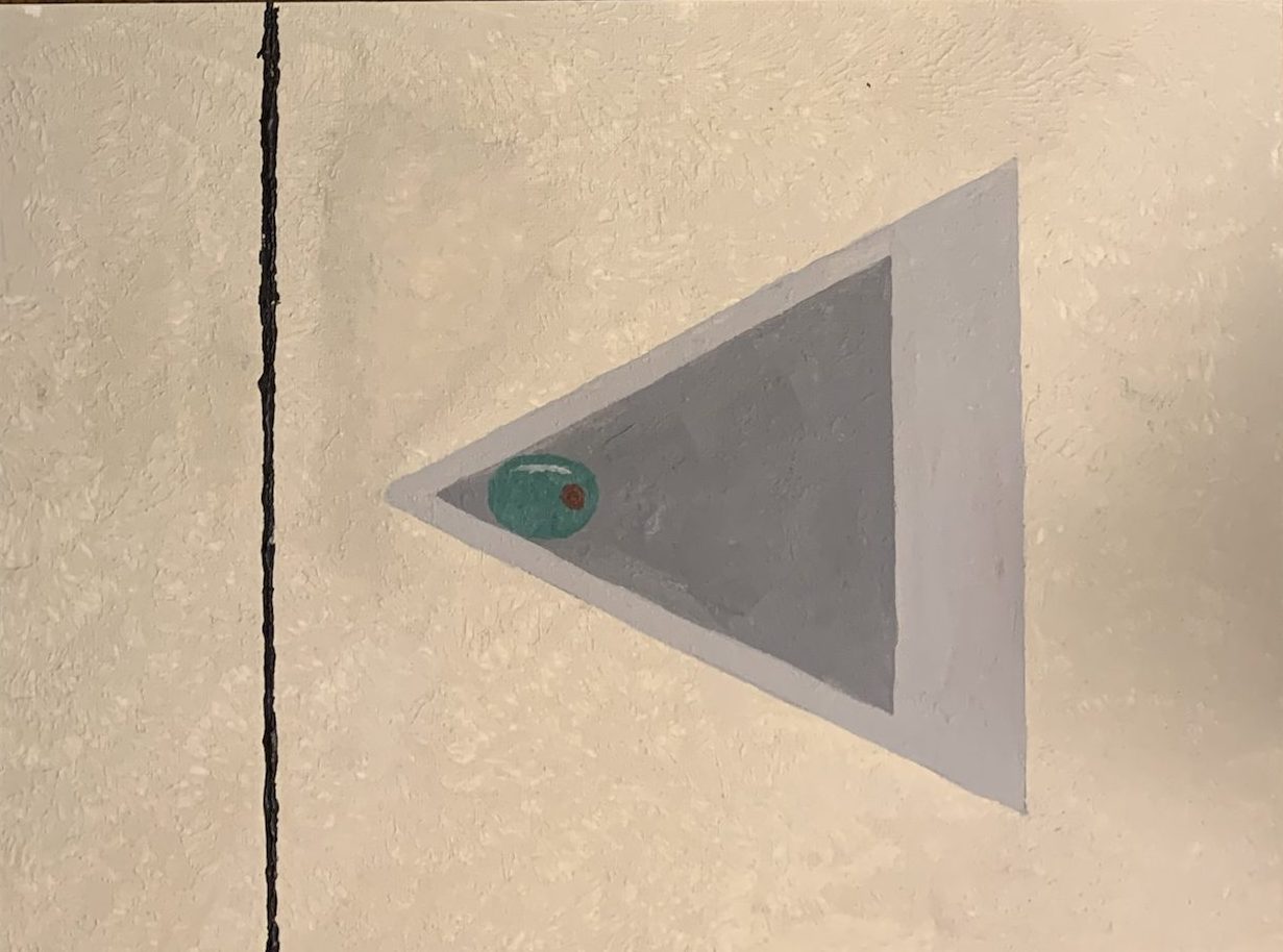 Painted study of a martini glass as a gray triangle with a green olive at its tip, beside a black vertical line