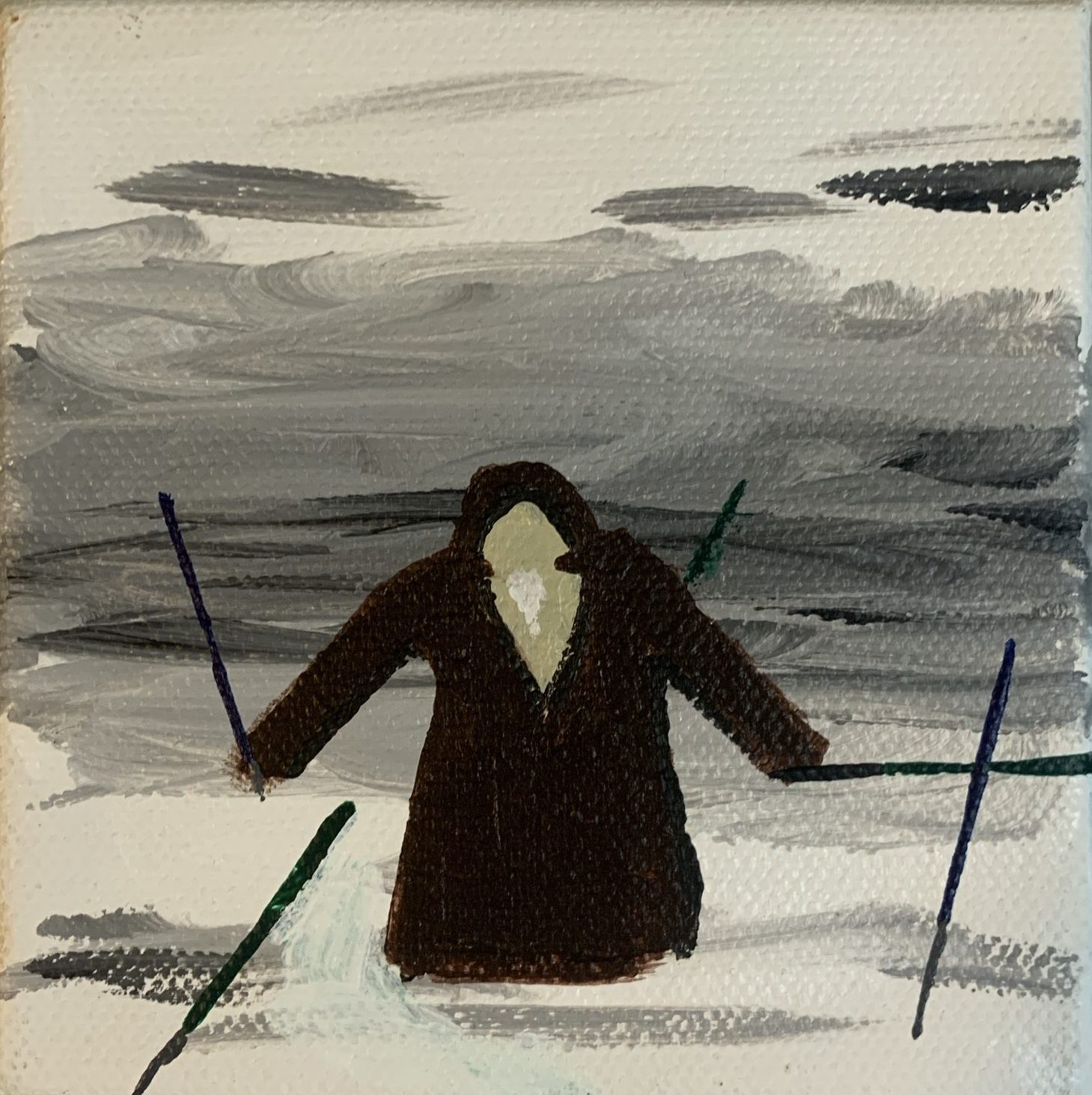 Small acrylic painting of a brown-robed Jedi standing in a gray sky with lightsabers planted around him