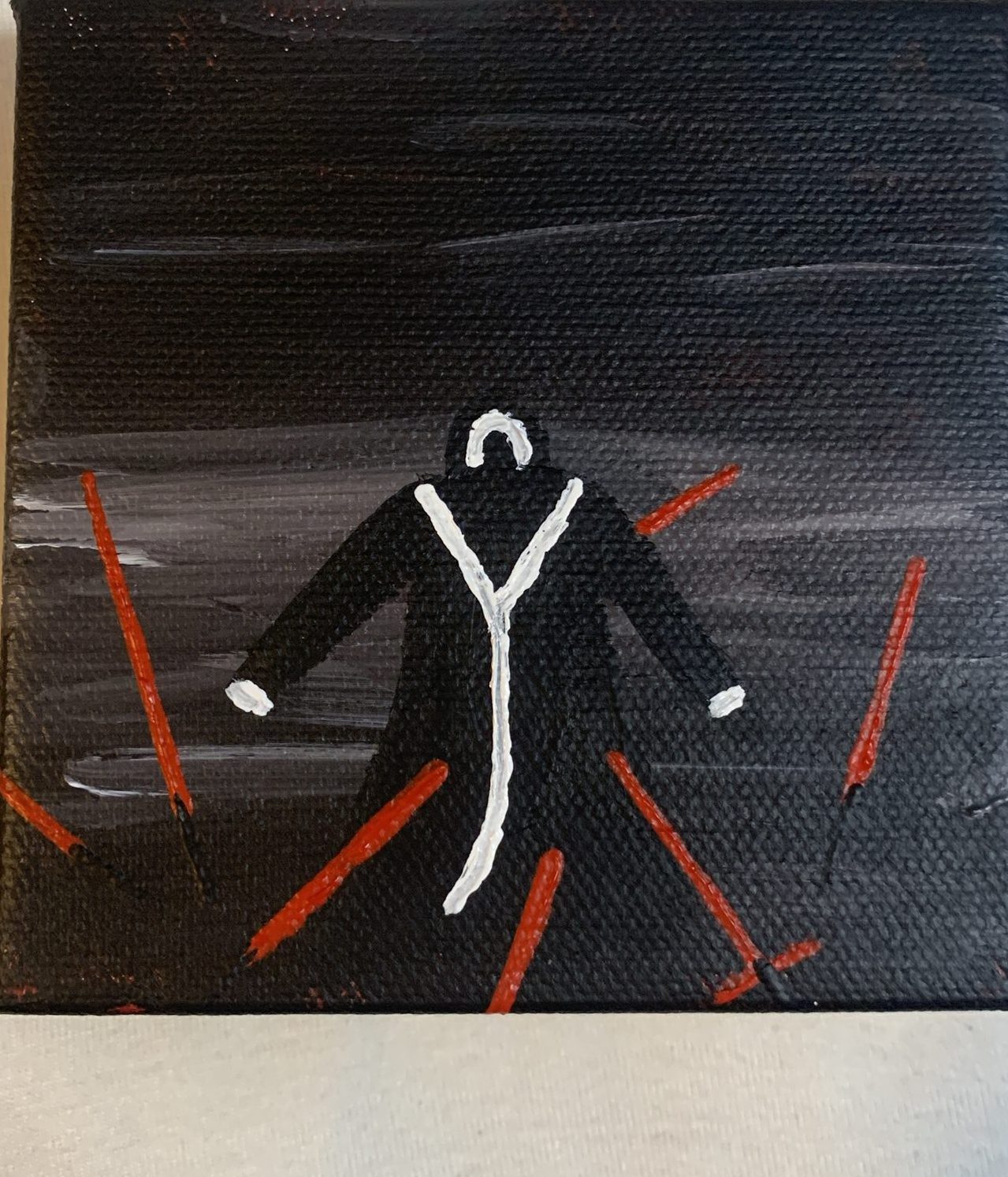Small acrylic painting of a black-robed Sith figure surrounded by red lightsabers on a black background