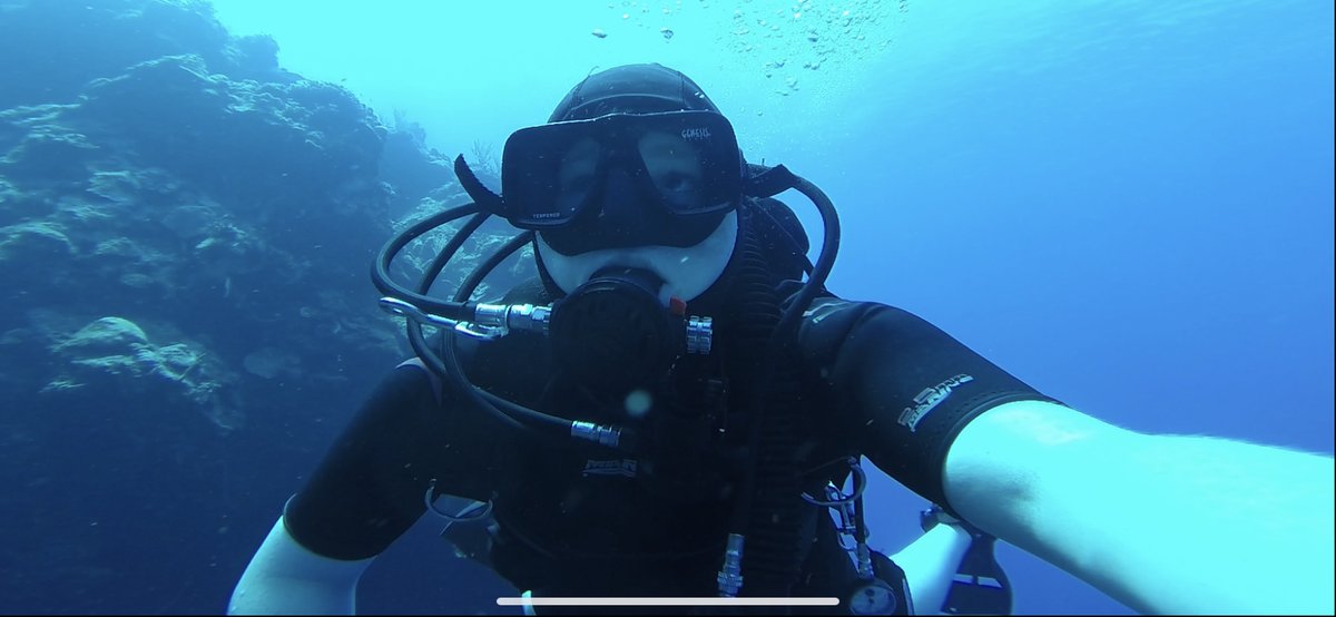 Diver selfie along a tropical reef, close on the mask