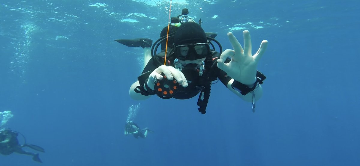 Diver running a reel and giving an OK sign in open water