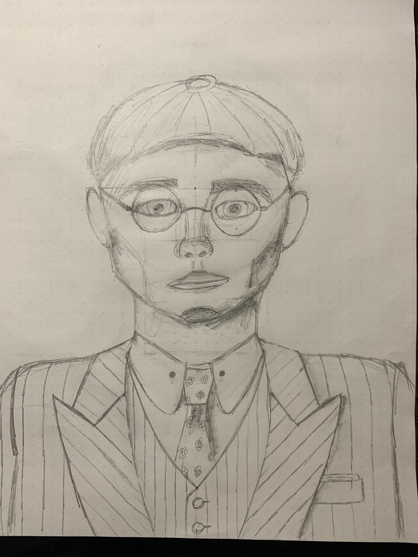 Graphite pencil sketch of a man's portrait wearing round glasses and a pinstripe suit