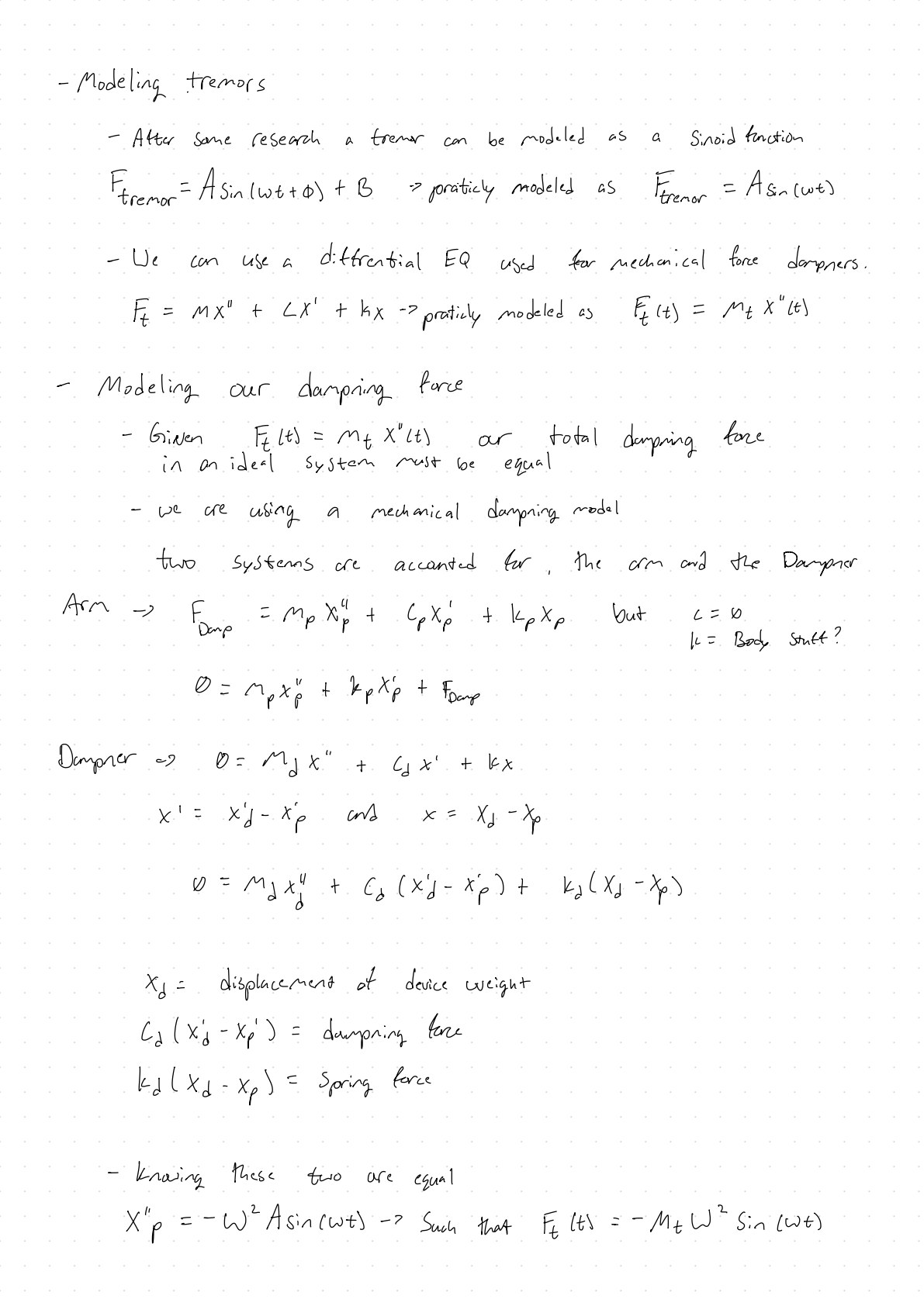Hand-written derivation of the tremor and damper equations of motion