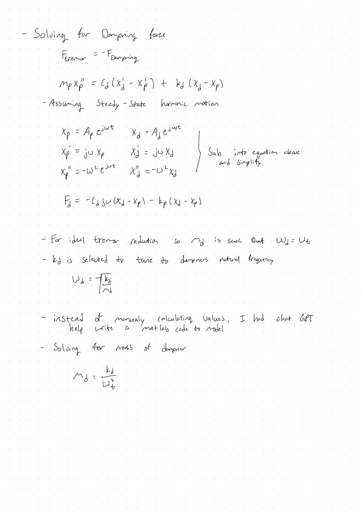 Hand-written solution for the damping force under steady-state harmonic motion