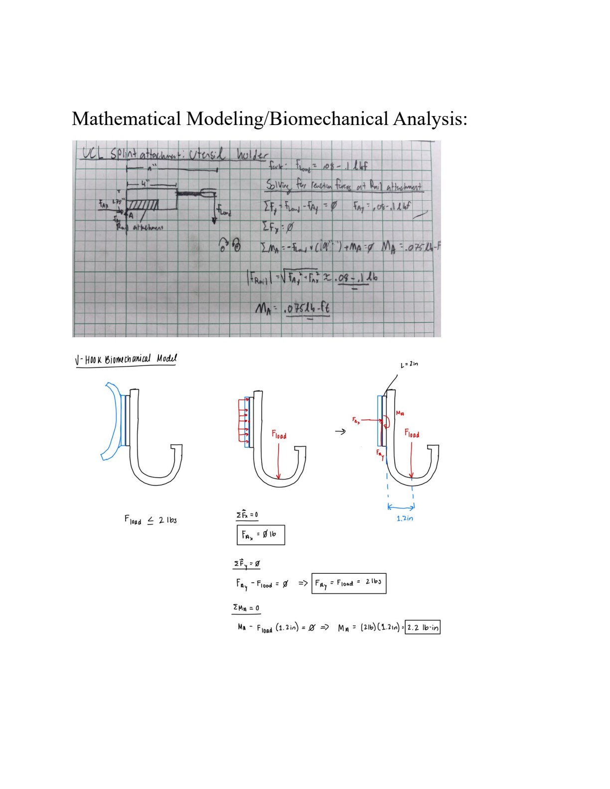 Hand-drawn free-body diagrams for the utensil holder and J-hook attachments